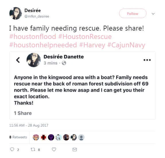 Twitter post requesting rescue during Houston flood with hashtags for help.