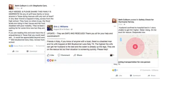 Facebook posts requesting rescue during Hurricane Harvey in Katy, TX.