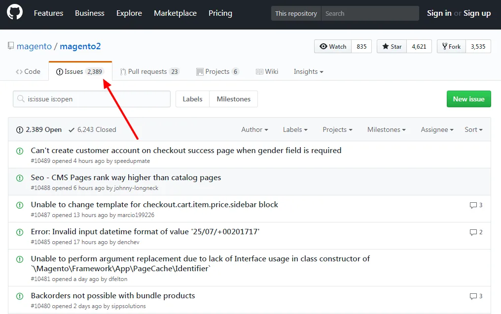 Screenshot of GitHub issues page for Magento2 showing 2389 open issues.