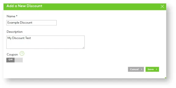 New discount form with fields for name and description, coupon toggle, and save button
