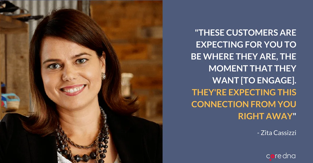 Smiling business woman with a quote about customer engagement on a blue background.