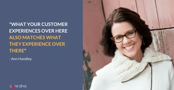 Woman smiling in glasses and scarf next to customer experience quote.