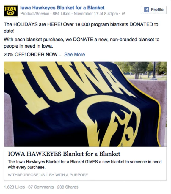 Iowa Hawkeyes blanket promotion with donation campaign details.
