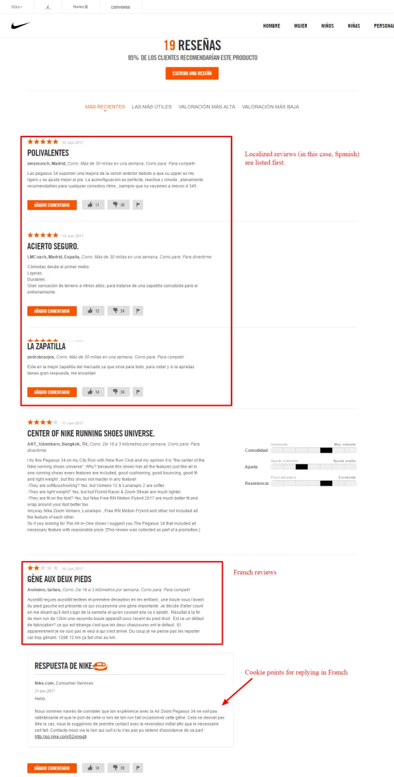 Nike product reviews page showing customer reviews in Spanish and French.