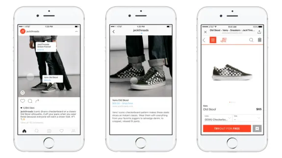 Three smartphones displaying Vans Old Skool checkerboard shoes on a shopping app.