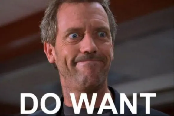 Man with humorous facial expression and text 'DO WANT'