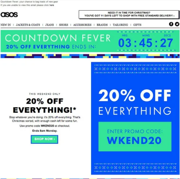 ASOS sale banner offering 20% off everything with promo code WKEND20 and countdown timer.