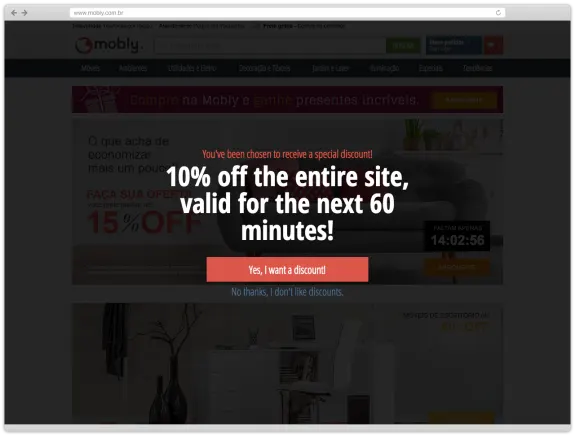 Mobly discount popup offering 10% off sitewide for the next 60 minutes.