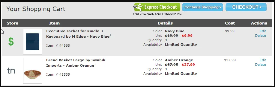 Online shopping cart with executive jacket and bread basket listed.