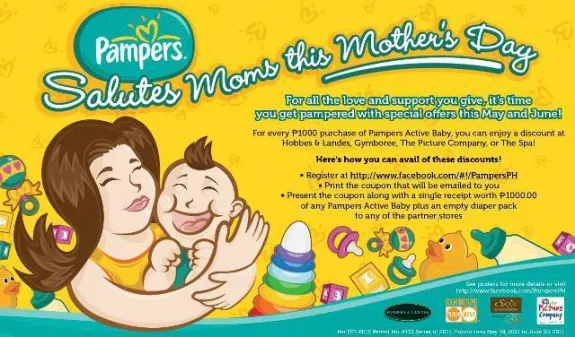 Pampers Mother's Day promotion with coupon offer and baby illustration.