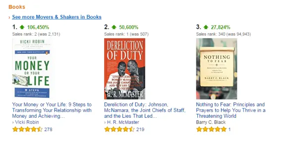 Top three books on Amazon with sales ranks and ratings in 2023.
