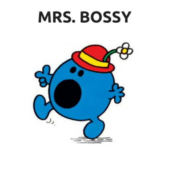Blue cartoon character with a red hat and flower, text reads 'Mrs. Bossy'