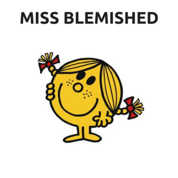 Cartoon character Miss Blemished, a yellow smiling figure with pigtails and bows.
