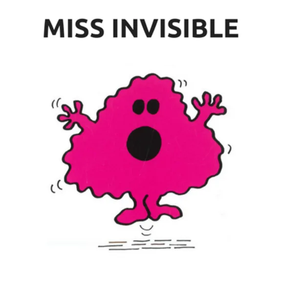 Pink cartoon character with text 'Miss Invisible' on a white background.
