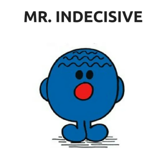 Mr. Indecisive cartoon character in blue with red nose