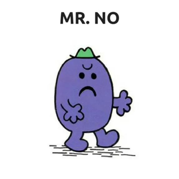 Cartoon character Mr. No, purple with a green hat, looking grumpy.