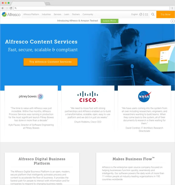 Alfresco Content Services overview with testimonials from Pitney Bowes, Cisco, and NASA