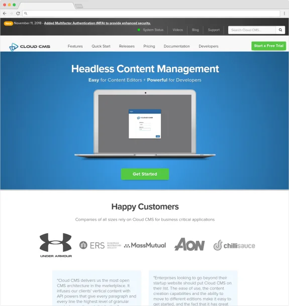 Cloud CMS headless content management page with laptop and customer logos.