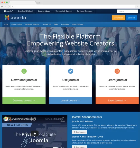 Joomla homepage with download, use, and learn options featured prominently.