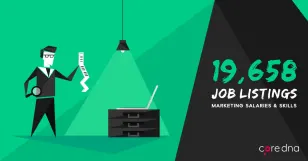 Illustration of a man with a paper next to a laptop showing 19658 marketing job listings.