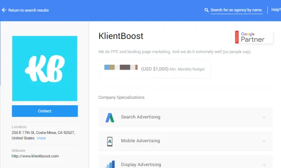 KlientBoost agency profile showing Google Partner badge and services offered.