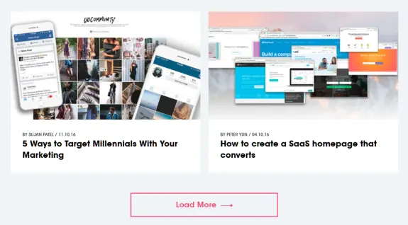 Preview of articles on targeting millennials and creating SaaS homepages.