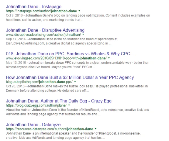 Search results showing Johnathan Dane's articles on SEO and advertising.