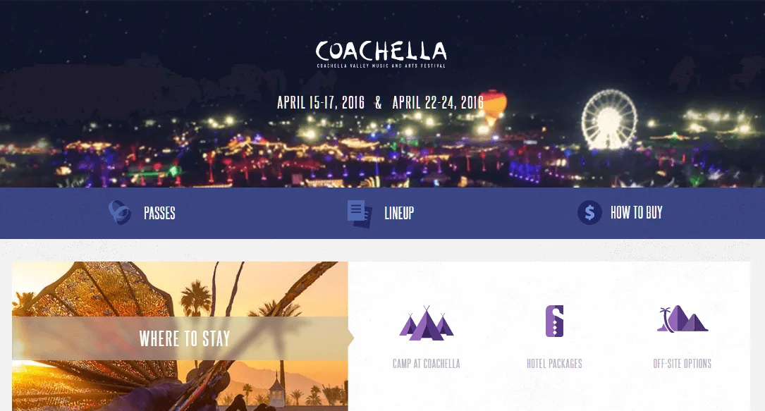 Coachella 2016 festival night view with ferris wheel and colorful lights.