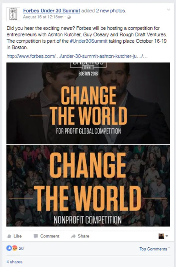 Forbes Under 30 Summit 2016 Boston Change the World competition poster.
