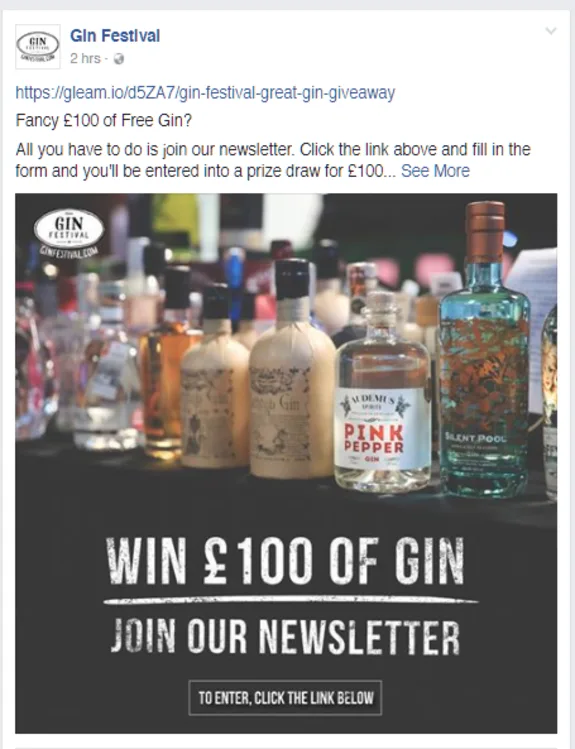 Gin festival poster with various gin bottles and giveaway text.