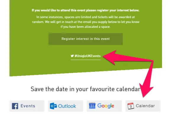 Event registration prompt with calendar save options for Uniqlo UK event.