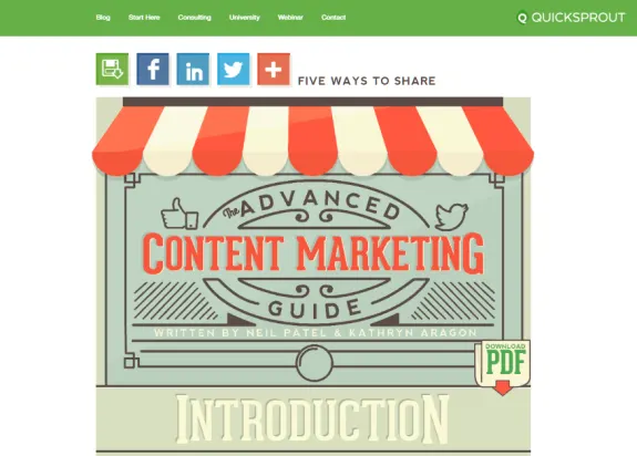 Cover of the Advanced Content Marketing Guide by Neil Patel and Kathryn Aragon with social media icons.