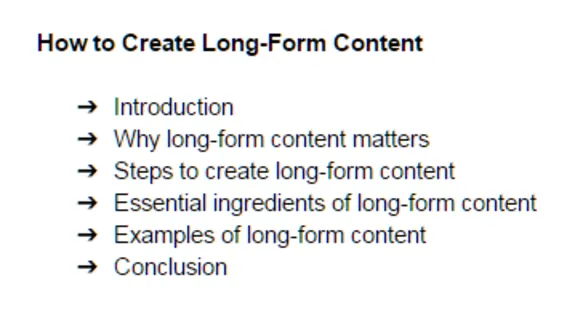 List of steps for creating long-form content including introduction and conclusion