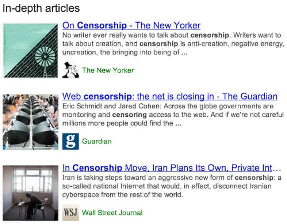Screenshot of online articles discussing censorship from various sources.
