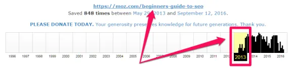 Wayback Machine screenshot of Moz SEO guide saves from 2013 to 2016