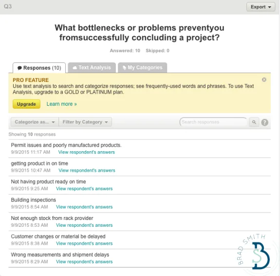Survey results page showing responses to project bottlenecks question.