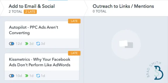 Task management dashboard showing overdue tasks for email and social media.