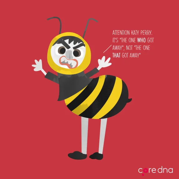 Cartoon bee with angry expression correcting grammar on red background.