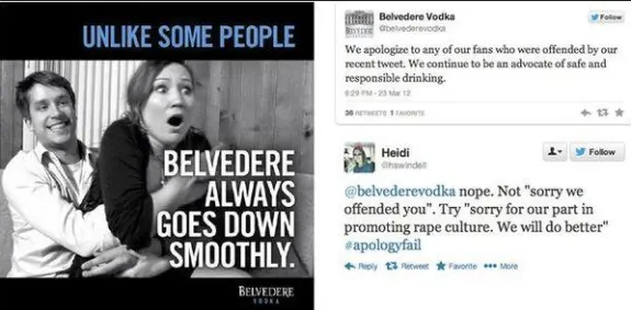 Controversial Belvedere Vodka ad with apology and public response.