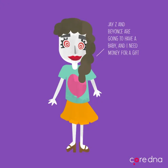 Cartoon character on purple background with speech bubble.