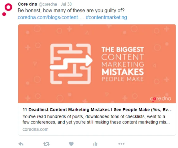 Infographic on biggest content marketing mistakes by Core dna with orange background.