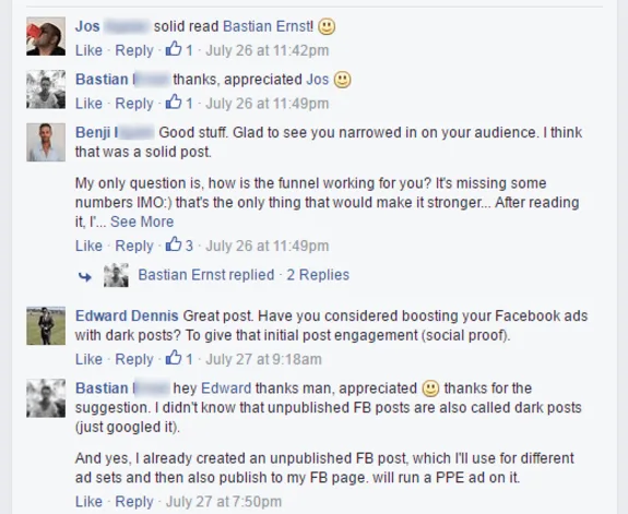 Facebook comments discussing marketing strategies and engagement.