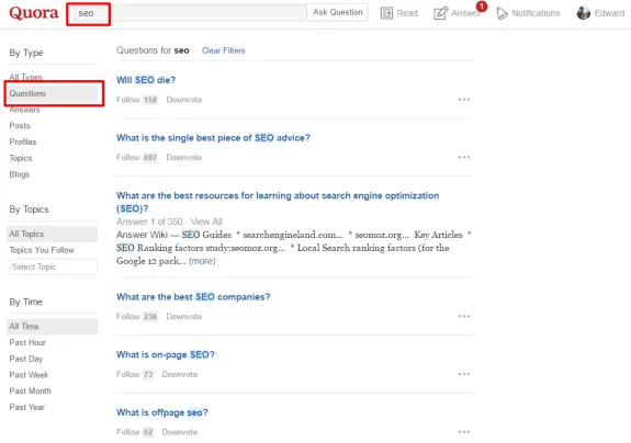 Quora page displaying a list of SEO-related questions and topics.