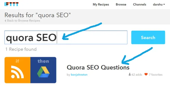 Screenshot of IFTTT showing search results for Quora SEO with one recipe found.