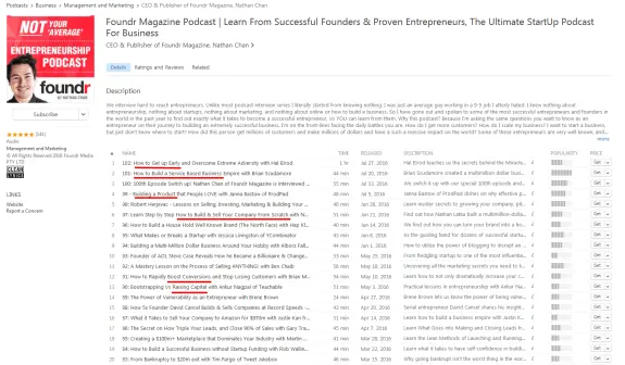 Foundr Magazine Podcast episode listing with focus on business and entrepreneurship topics.