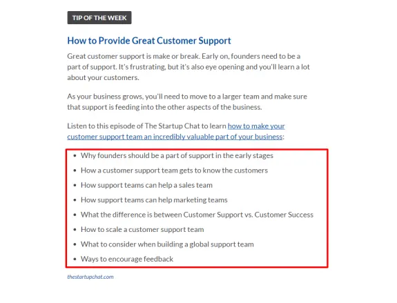 Screenshot of tips for providing great customer support with a list of key points.