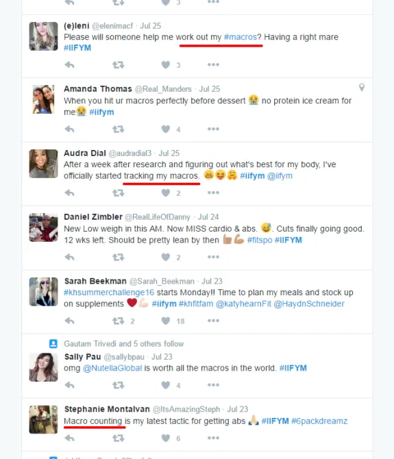 Screenshot of tweets discussing macro counting and IIFYM hashtag.