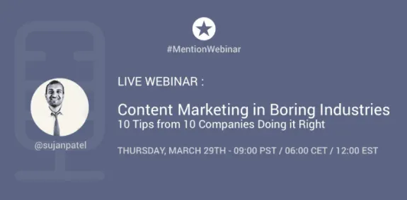 Webinar promotion for content marketing in boring industries with date and time details.