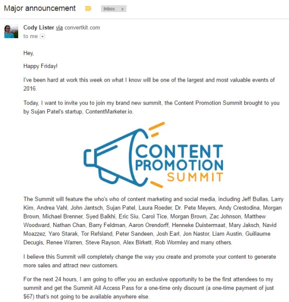 Email announcement for the Content Promotion Summit featuring a megaphone logo.