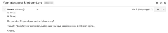 Email requesting permission to submit a post to Inbound.org